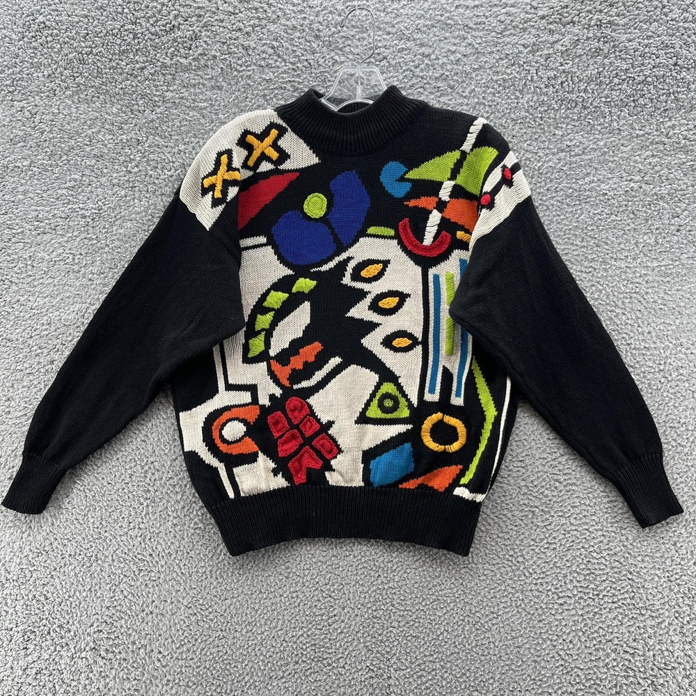 VTG 80s 90s Santoria Sweater Women Medium Black Abstract Art Geometric Mock Neck